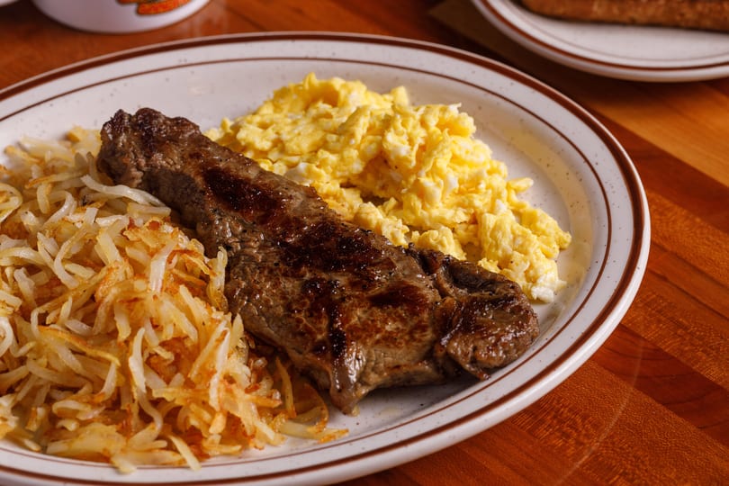 A breakfast plate with steak, scrambled eggs, and hash browns on a wooden table.