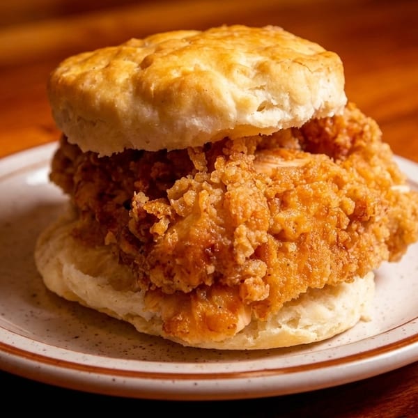 Golden-fried chicken fillet nestled between two fluffy biscuits on a speckled plate.