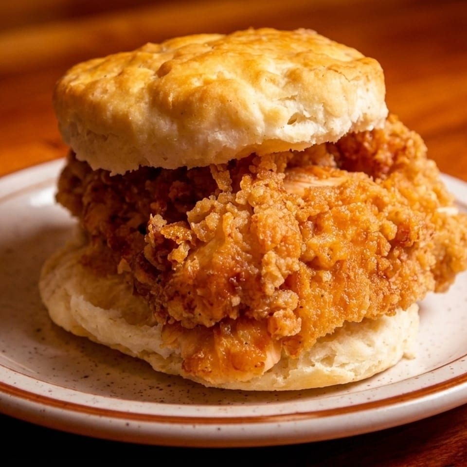 Golden-fried chicken fillet nestled between two fluffy biscuits on a speckled plate.