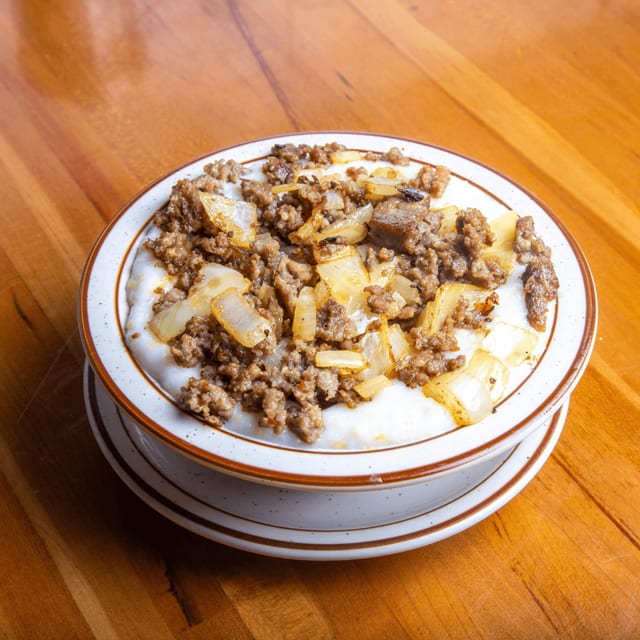 Grits, Sausage & Onions.